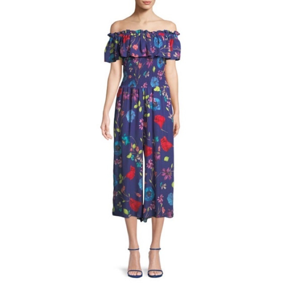 Parker Blue Multicolor Janice Off-the-Shoulder Floral Wide-Leg Jumpsuit EUC Sz 2